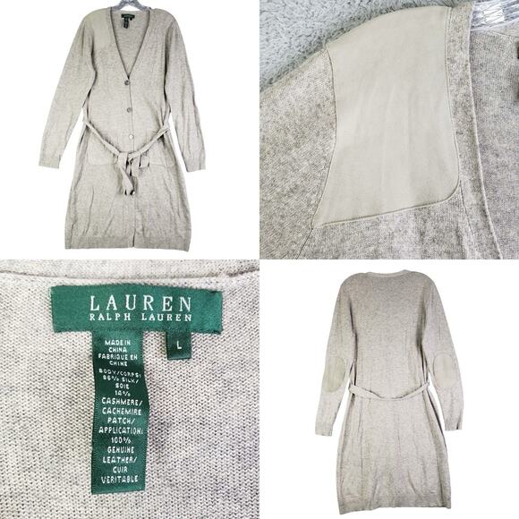 Ralph Lauren Cashmere Sweater Cardigan Leather Elbow Patches Gray Tie Waist - Picture 2 of 11